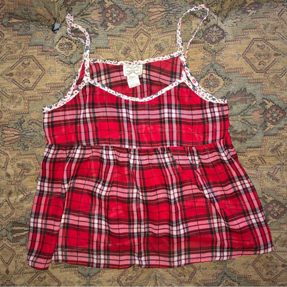 Eyelash Couture Red Plaid Babydoll Spaghetti Strap Tank XS